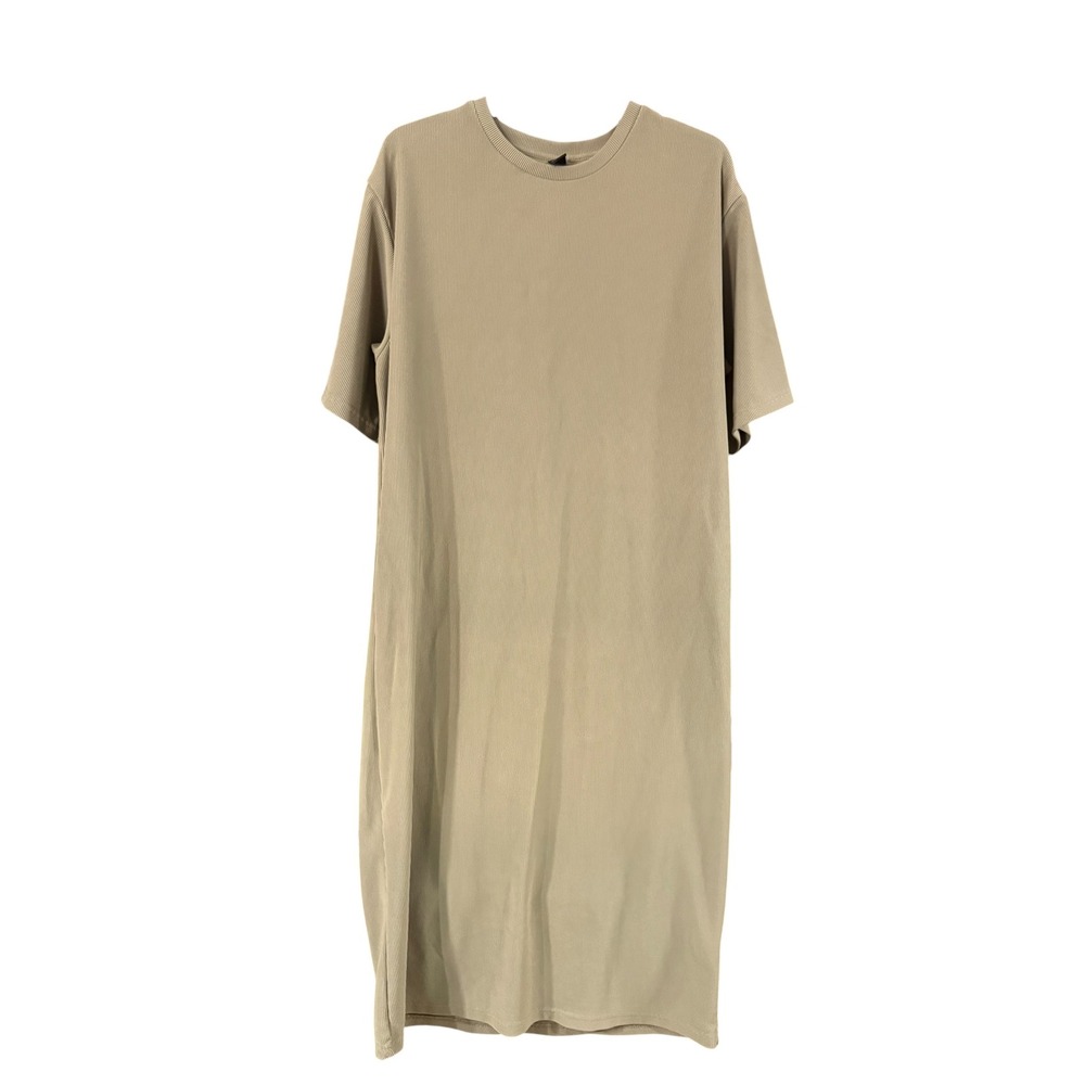 Dazy Womens Ribbed Knit T-Shirt Dress Khaki Tan Short‎ Sleeve Midi Size L